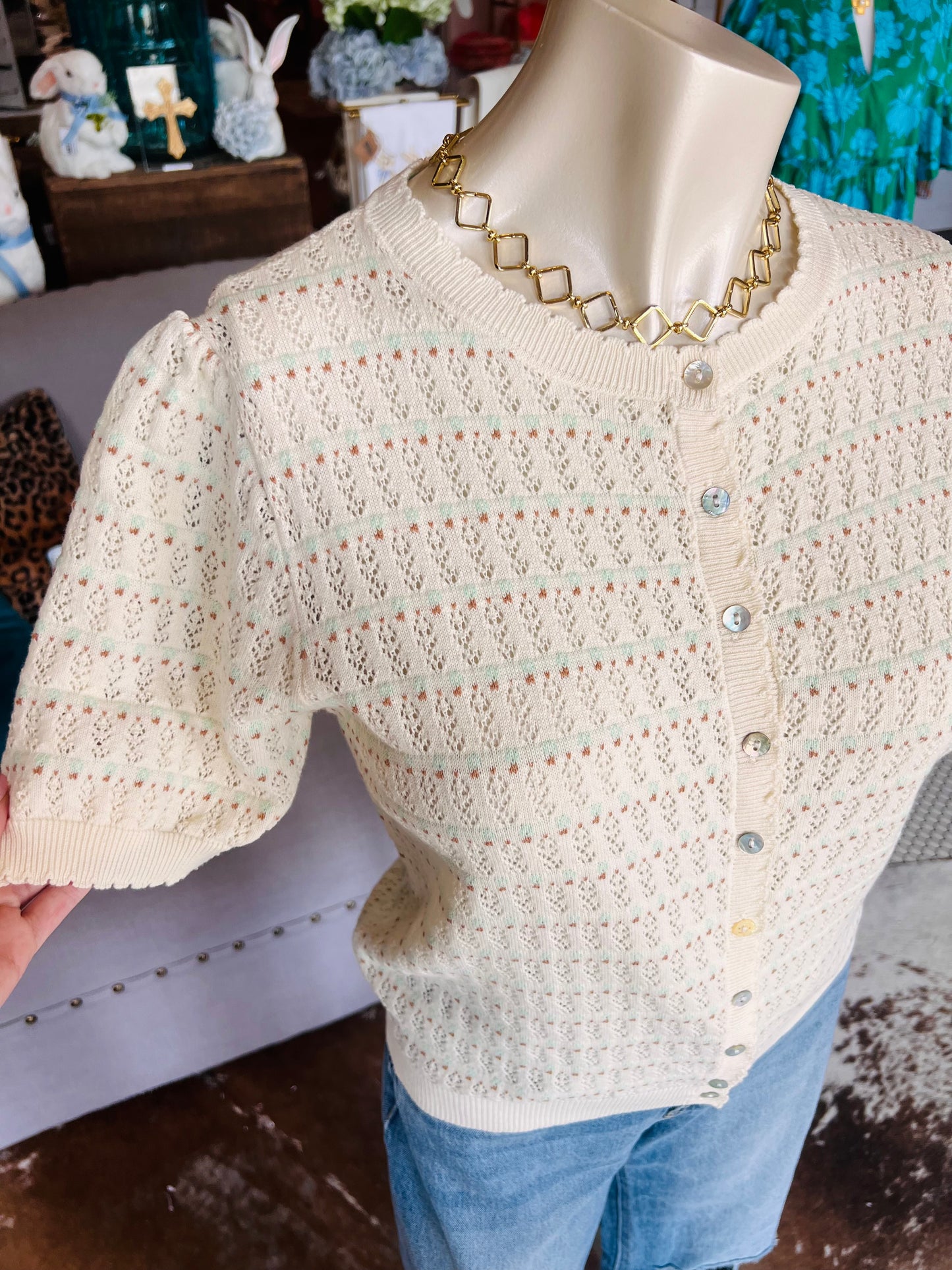 Pointelle Puff Sleeve Sweater