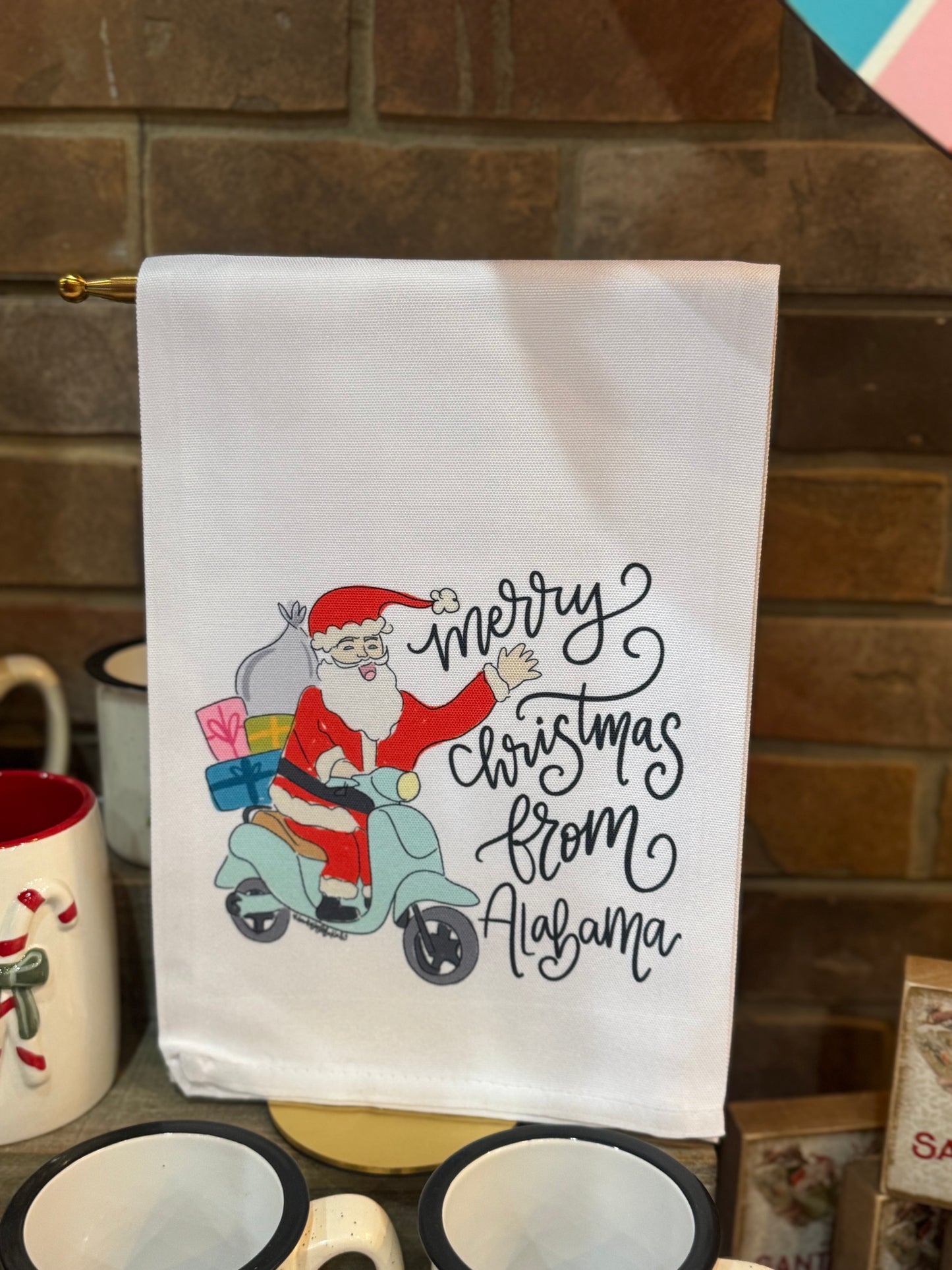 Santa on Moped Tea Towel