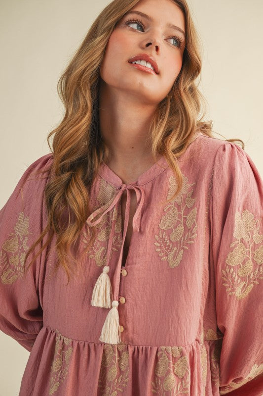 Embroidered Puff Sleeve Dress