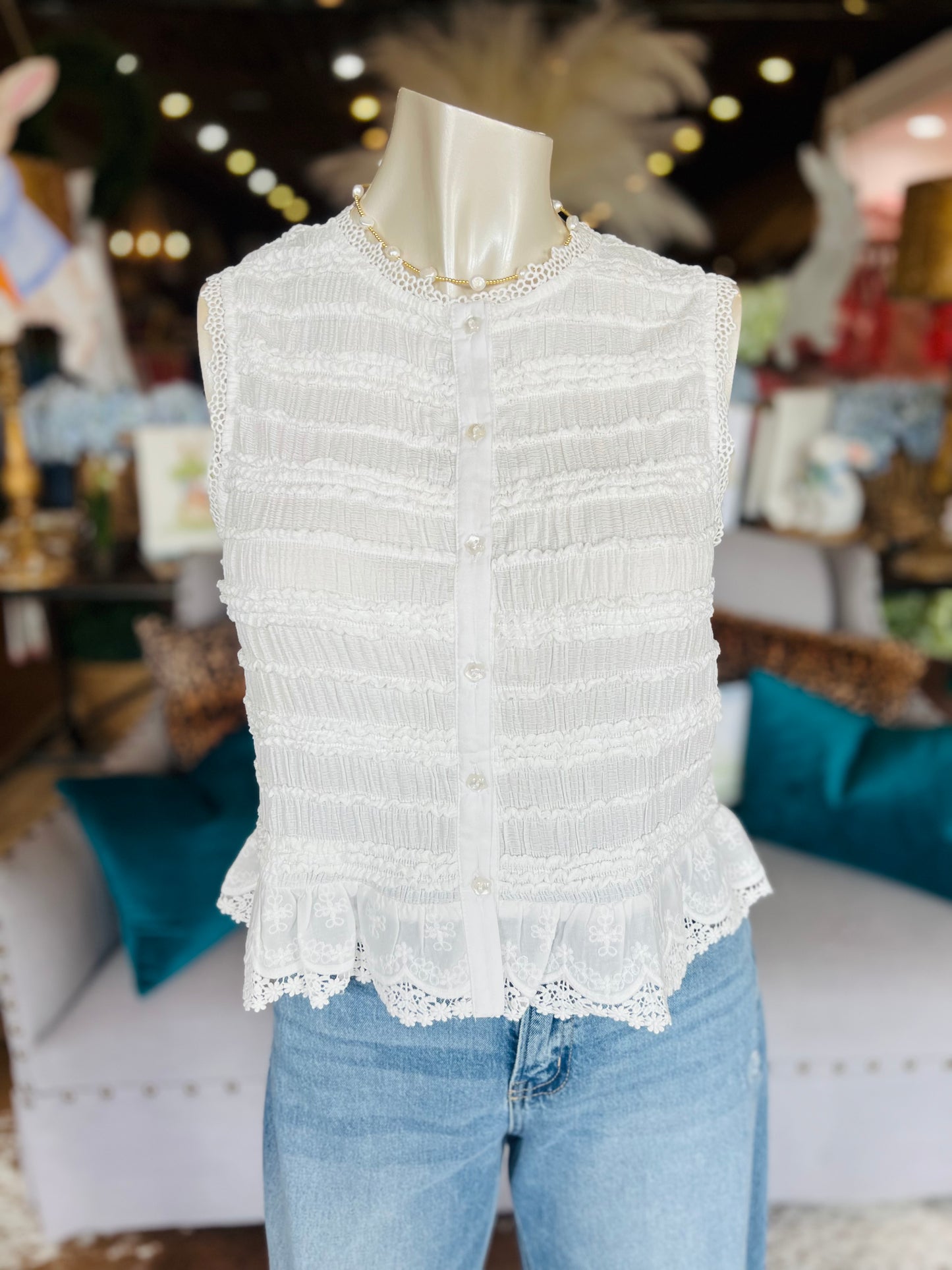 Shirred Lace Button Down