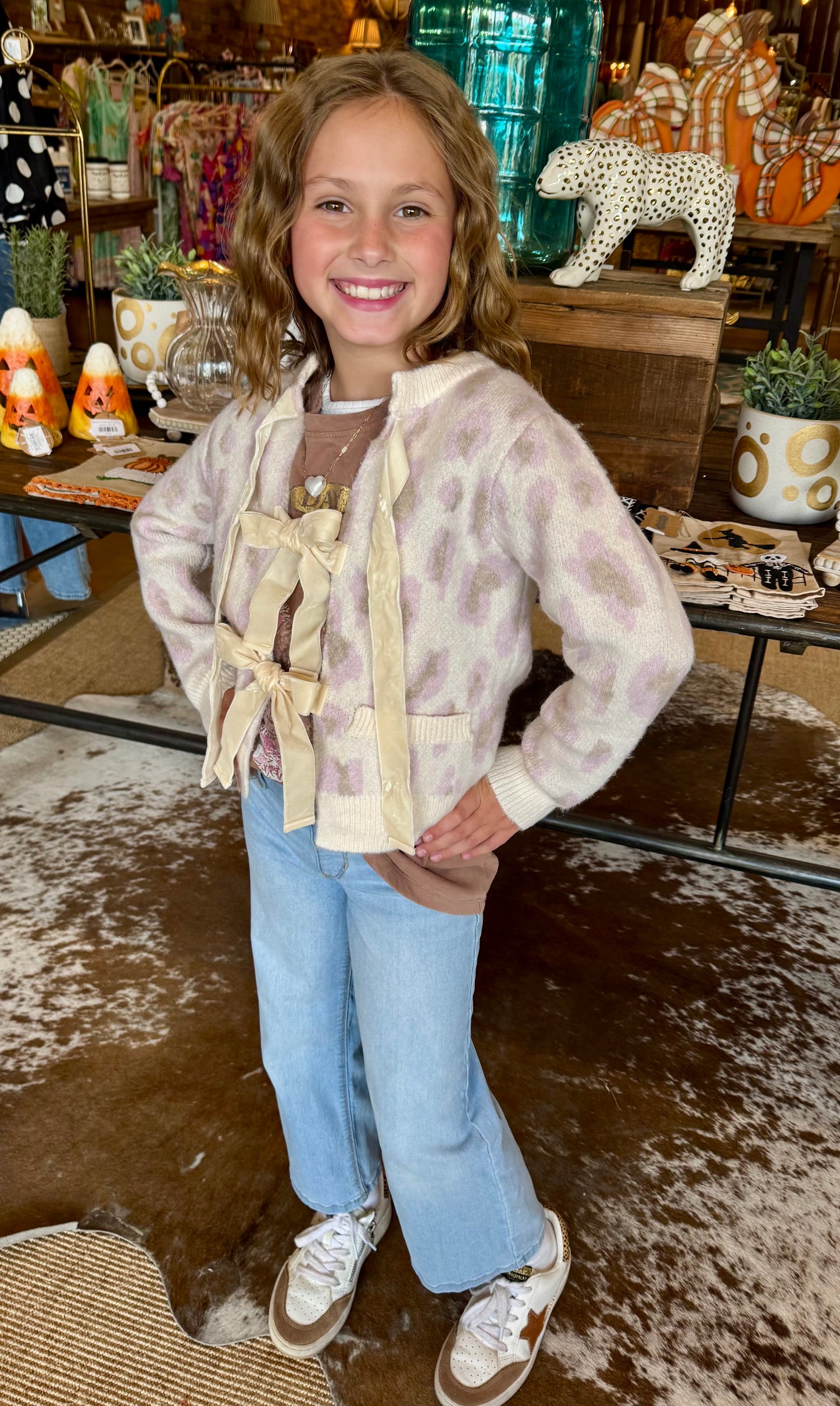 Tween Leopard Cardi w/Velvet Tie