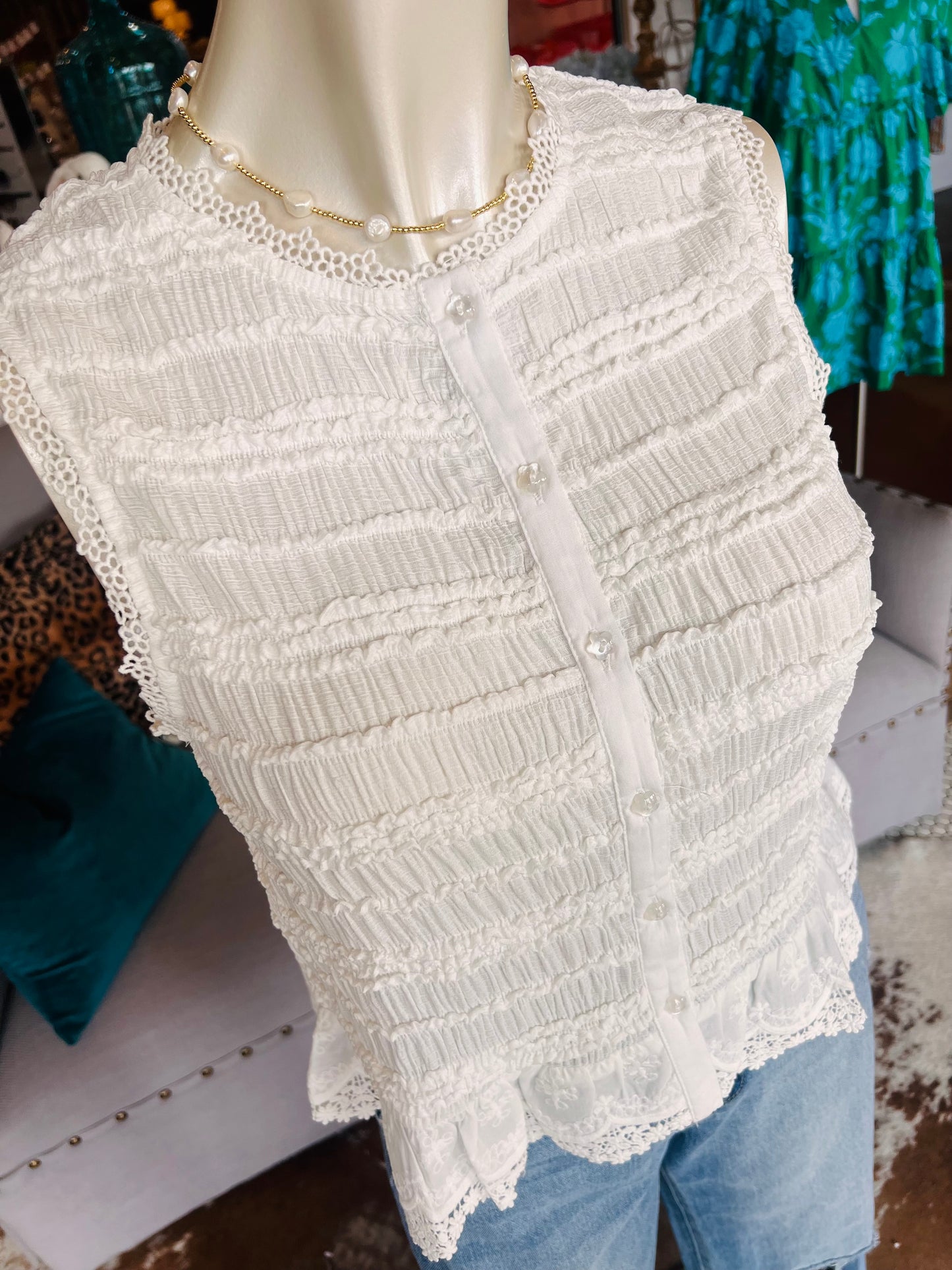 Shirred Lace Button Down