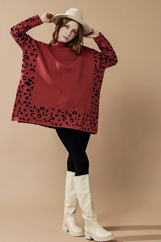 Oversized Mock Neck Leopard Sweater