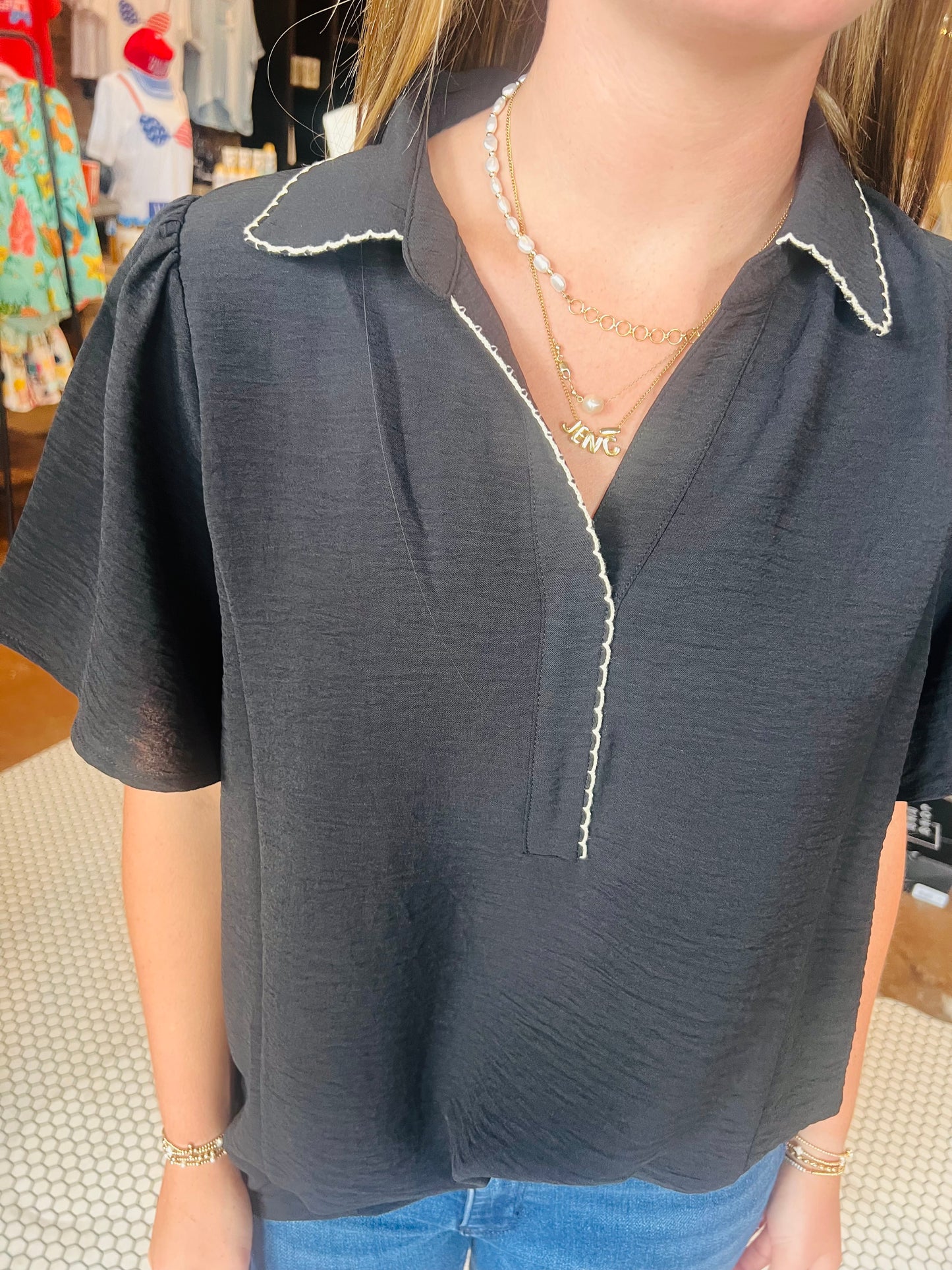 Embroidered Scallop Edge Top