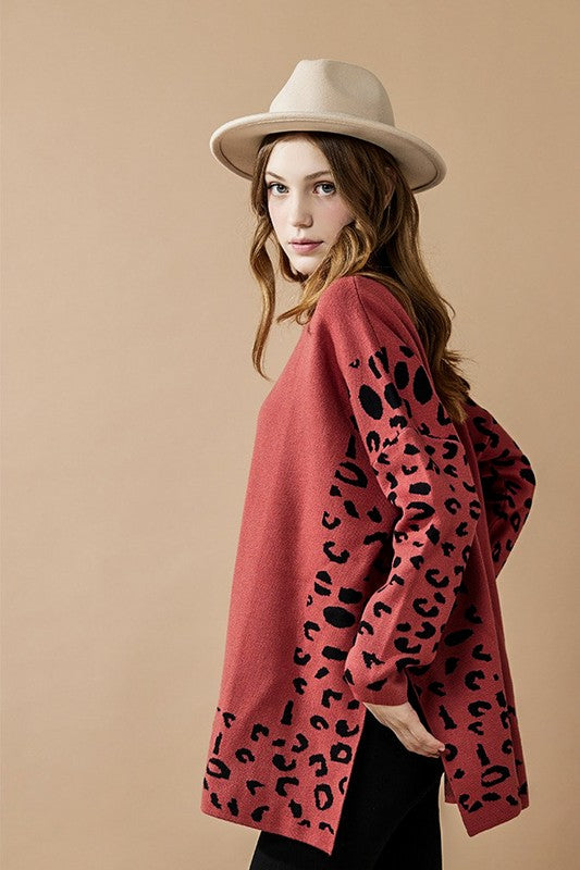 Oversized Mock Neck Leopard Sweater