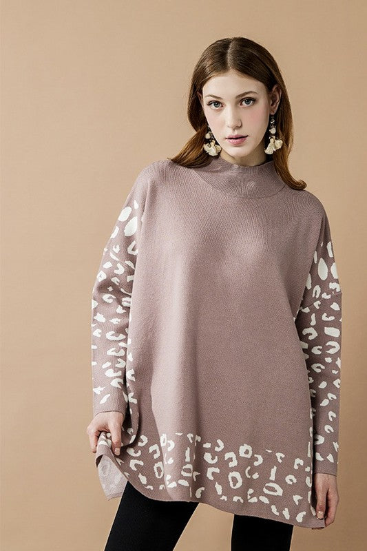 Oversized Mock Neck Leopard Sweater