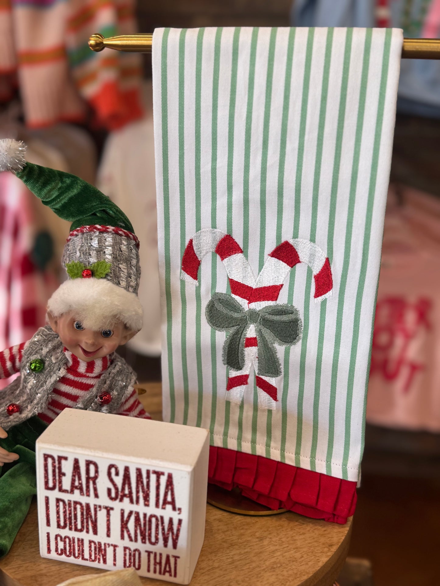 Embroidered Candy Cane Tea Towel