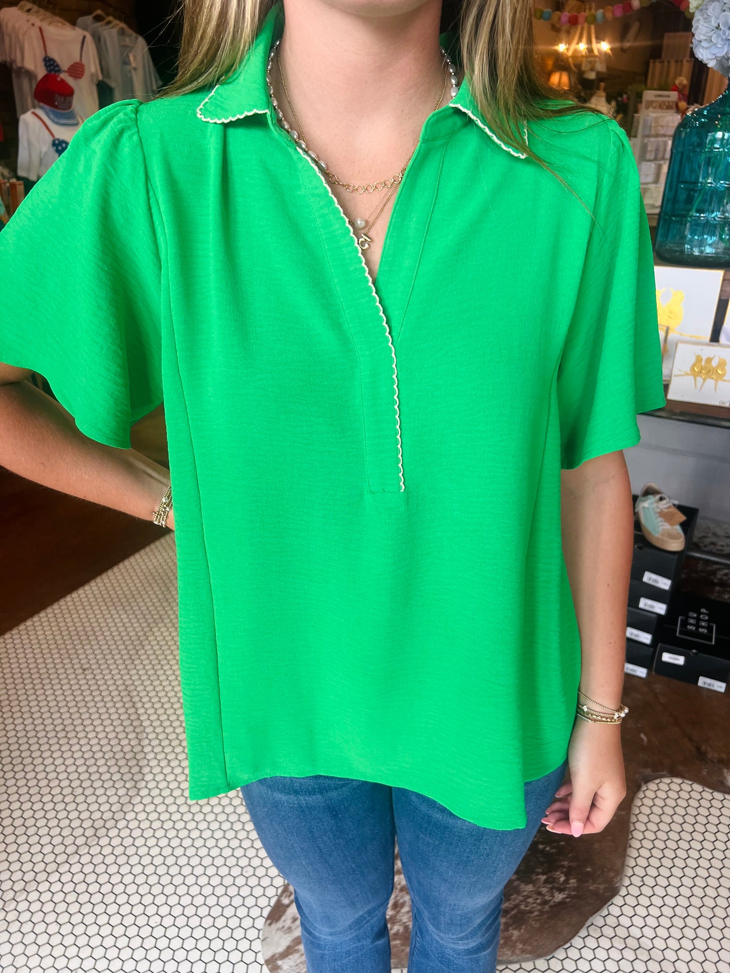 Embroidered Scallop Edge Top