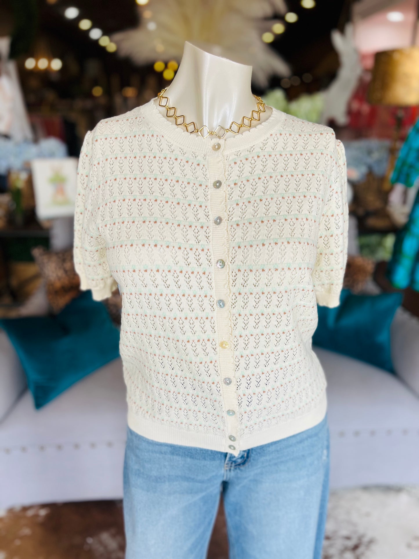 Pointelle Puff Sleeve Sweater