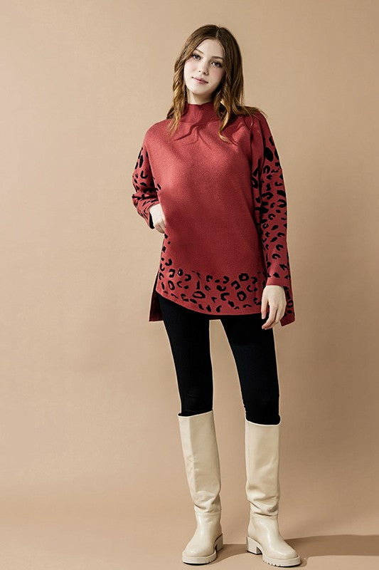Oversized Mock Neck Leopard Sweater