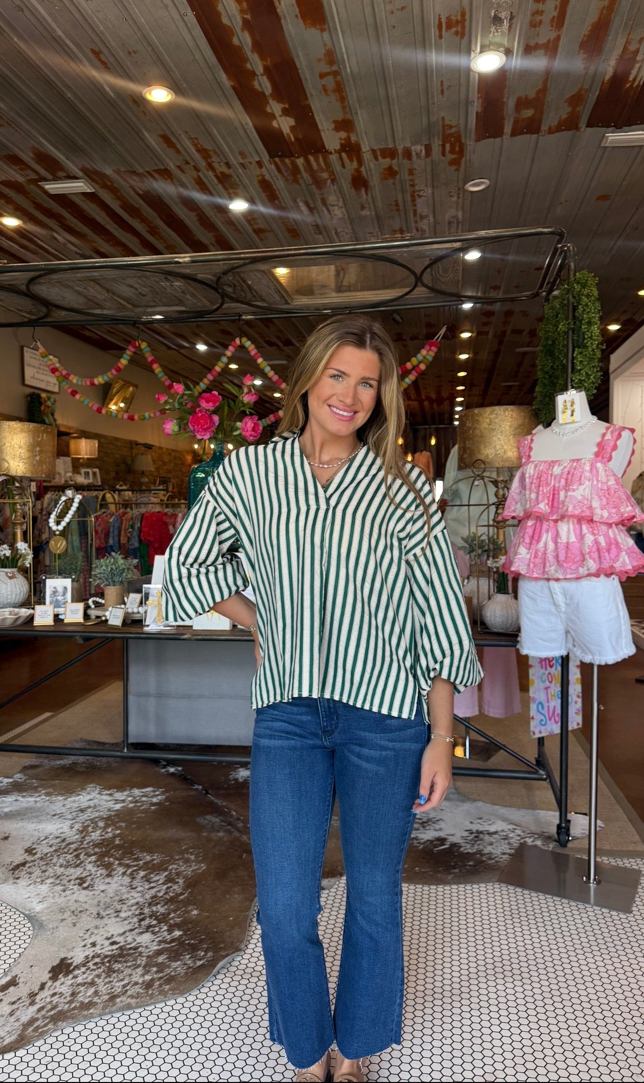 Green Stripe Button Up Top