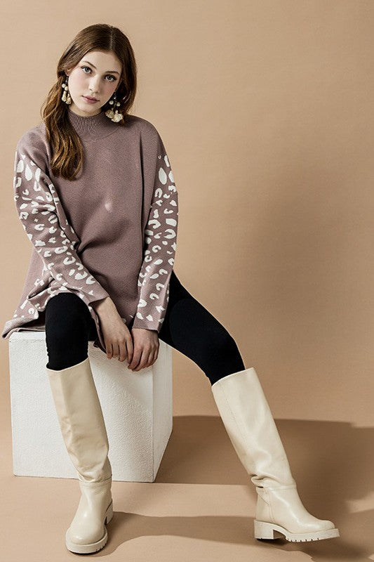 Oversized Mock Neck Leopard Sweater