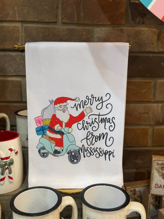 Santa on Moped Tea Towel