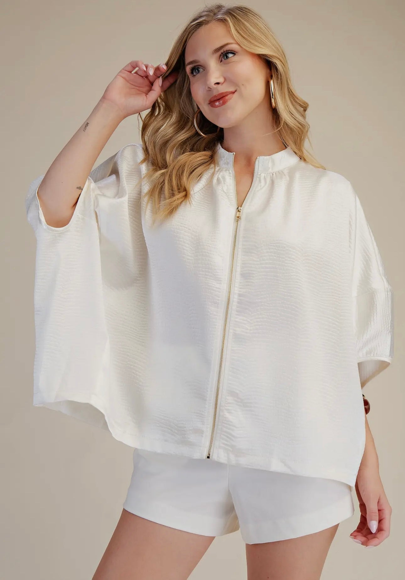 Front Zipper Satin Top