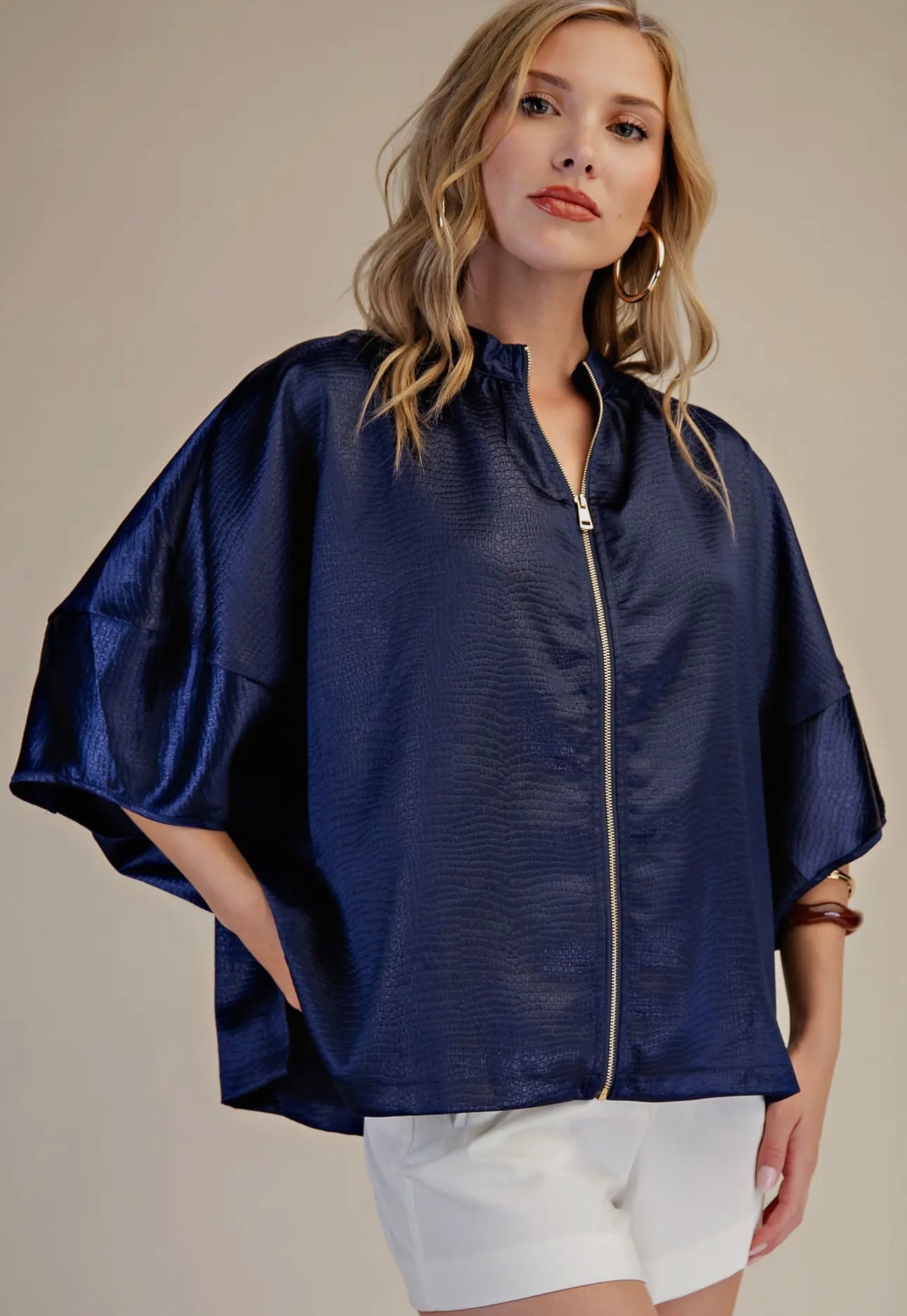 Front Zipper Satin Top