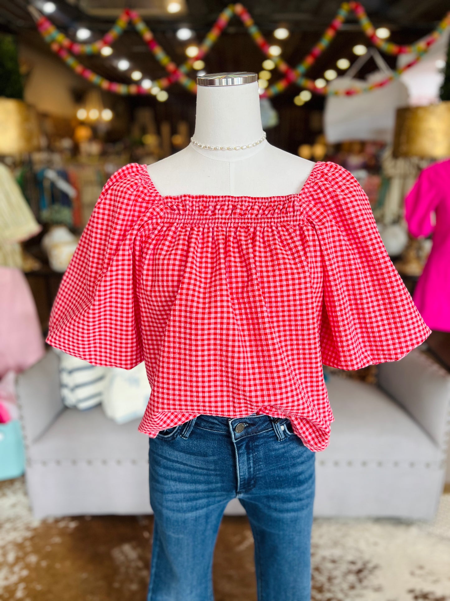 Gingham Bubble Sleeve Top