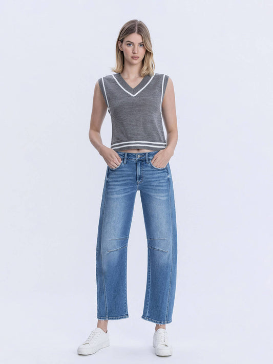 HIGH RISE MED WASH BARREL JEANS